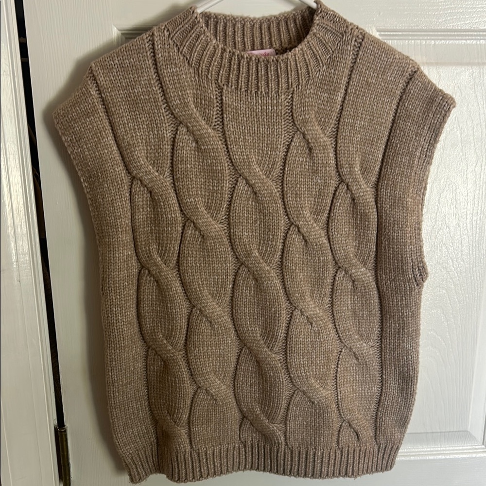 Pink Lily Tan Crew Neck Cable Knit Sweater Vest
